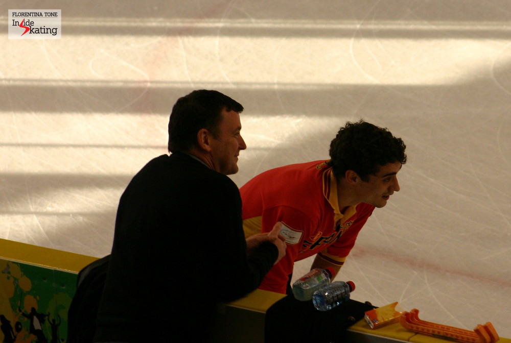Brian Orser with Javier Fernandez in Nice, at the 2012 Worlds; soon after that, Yuzuru Hanyu asked Brian to coach him