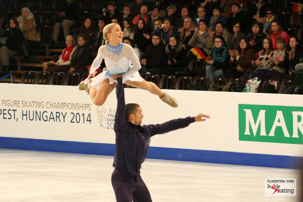 Aliona Savchenko and Robin Szolkowy, during their short program at the 2014 Europeans in Budapest; the Germans withdrew before the free program