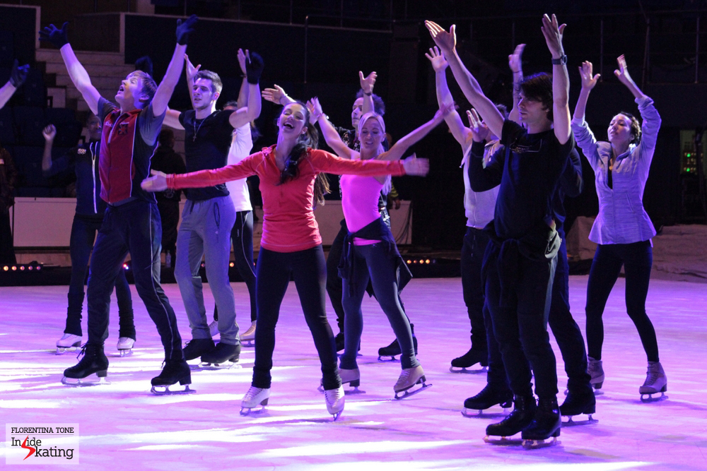 Cast of "Kings on Ice Olympic Gala" practicing the finale. With her wonderful smile, Stefania lights up the room.