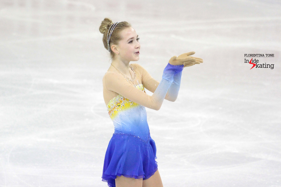 A smiling Elena Radionova at the end of her free program in Barcelona; with that particular performance, the Russian skater won the silver medal in Barcelona