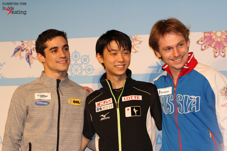 The happy, enthusiastic medalists of the men's event in Barcelona: Javier Fernandez (silver), Yuzuru Hanyu (gold), Sergei Voronov (bronze)