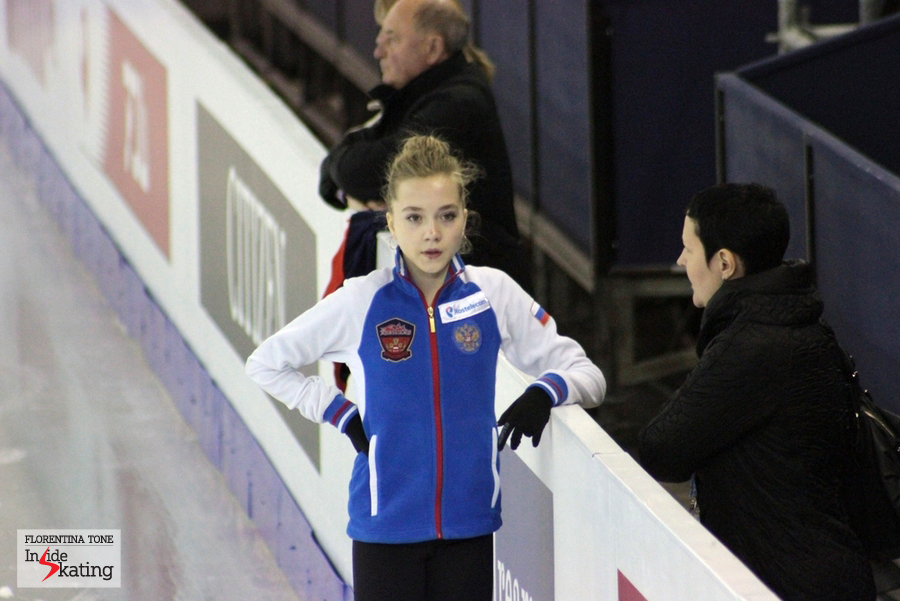 The golden girl Elena Radionova, talking to her coach, Inna Goncharenko