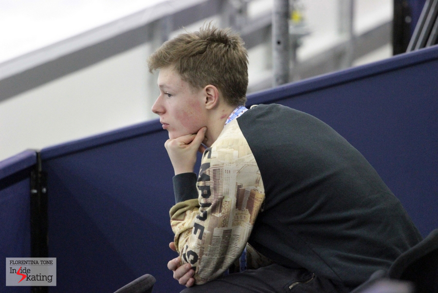 The 15-year-old Russian Alexander Petrov, who competes in the junior men's event, watches the practice in Barcelona