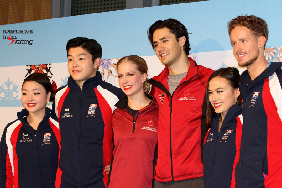 Top three teams after the short dance in Barcelona, at 2014 GPF: Maia and Alex Shibutani (left, on the third place after SD), Kaitlyn Weaver and Andrew Poje (middle, first place after SD), Madison Chock and Evan Bates (right, in second place after SD)