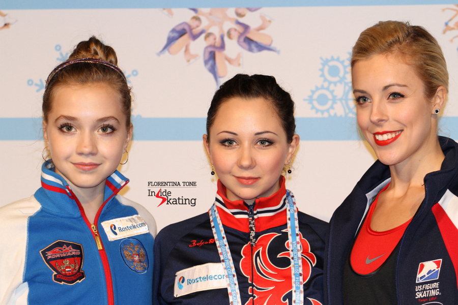 The medalists of 2014 GPF in Barcelona: Elena Radionova (silver), Elizaveta Tuktamysheva (gold) and Ashley Wagner (bronze). 