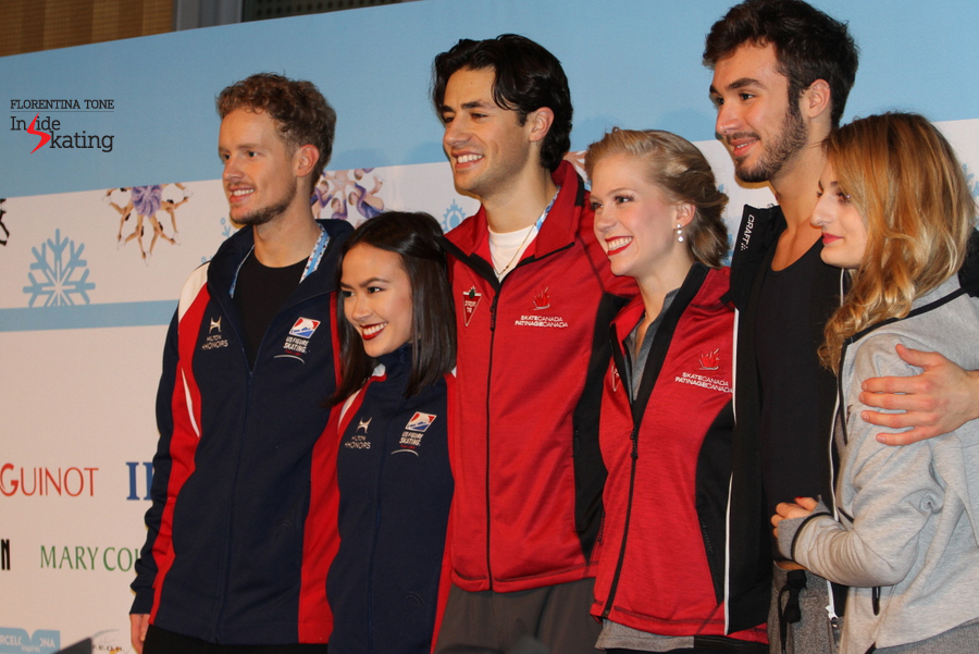 The medalists: Madison Chock and Evan Bates (silver), Kaitlyn Weaver and Andrew Poje (gold), Gabriella Papadakis and Guillaume Cizeron (bronze)