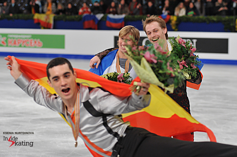 Is it a ballerina, is it Batman...? Javier Fernandez making jokes with Sergei Voronov (silver) and Konstantin Menshov (bronze) during the victory ceremony in Budapest