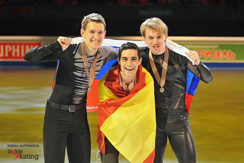 "Is there a place in here for me?" Javier Fernandez, alongside Maxim Kovtun (silver) and Sergei Voronov (bronze)