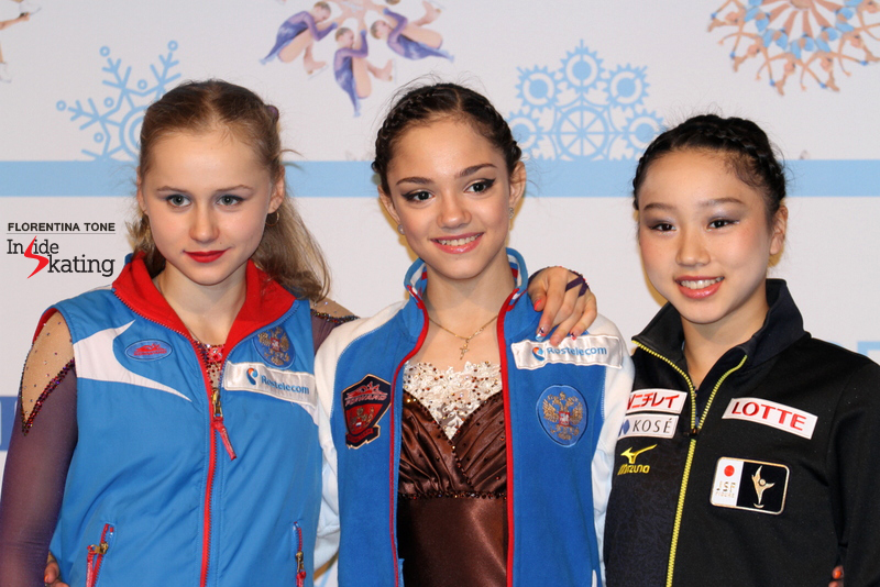 The winners of the ladies' event at 2014-2015 JGPF: Serafima (silver), Evgenia (gold), Wakaba (bronze)