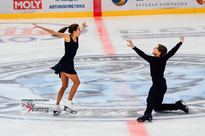 Ksenia, Kirill - and some of their costume options for the free dance. In Minsk, they used the black ones in competition and the ones featuring portraits were tested during practice
