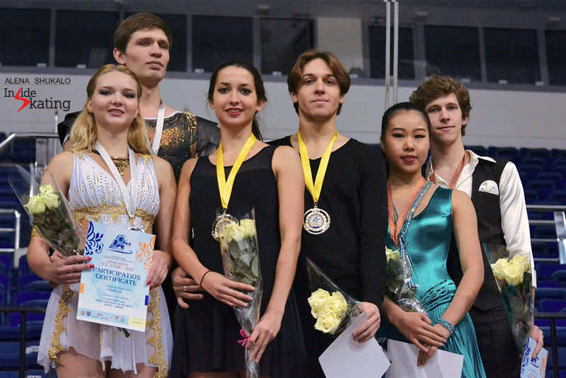 The medalist of the ice dancing event in Minsk: Viktoria Kovaliova and Yurii Bieliaiev (BLR, silver), Ksenia Monko and Kirill Khaliavin (RUS, gold), Rebeka Kim and Kirill Minov (KOR, bronze)