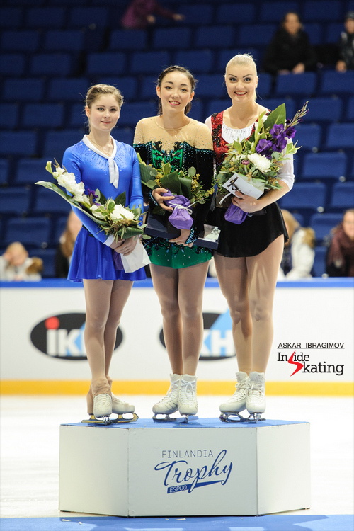 The podium in the ladies event at 2015 Finlandia Trophy: Julia Lipnitskaia (silver), Rika Hongo (gold), Joshi Helgesson (bronze)