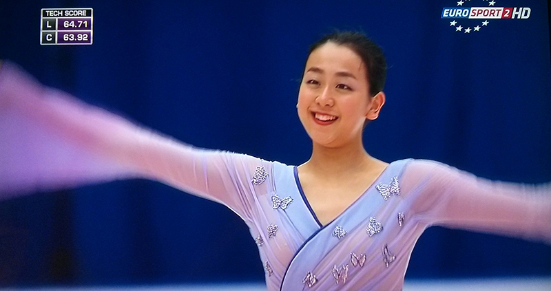Mao Asada, as Madame Butterfly, at the end of her free skate at 2015 Cup of China (photo: Eurosport Screenshot)