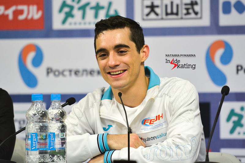 A joyful Javier Fernández at the press conference after the free skate