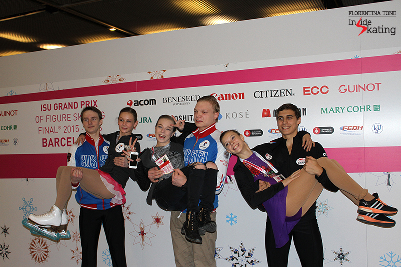 Junior pairs after SP; from left to right: Amina Atakhanova and Ilia Spiridonov (Russia), Ekaterina Brisova and Dmitry Sopot (Russia), Anna Duskova and Martin Bidar (Czech Republic)