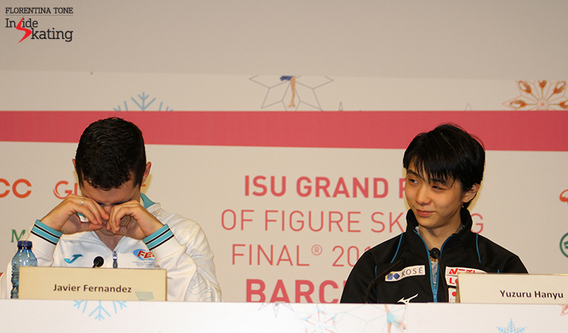 During the press conference, Javier Fernández looks completely exhausted - and Yuzuru's watching him (and his efforts to answer the questions) with a smile...