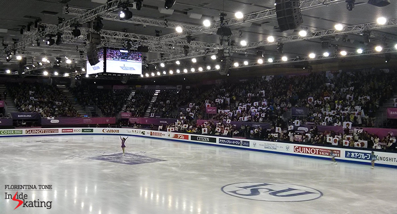 A sea of Japanese flags in CCIB arena at the end of Mao Asada's skate
