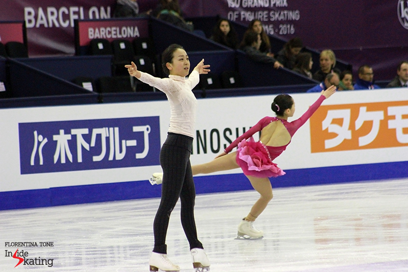 Japan's representatives in the (senior) ladies' event, during practice: Mao Asada and Satoko Miyahara (in the background)