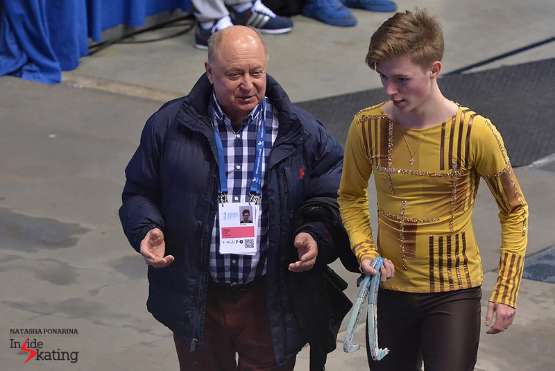 Alongside coach Alexei Mishin, at the end of his routine in Bratislava; these were Alexander's first Europeans