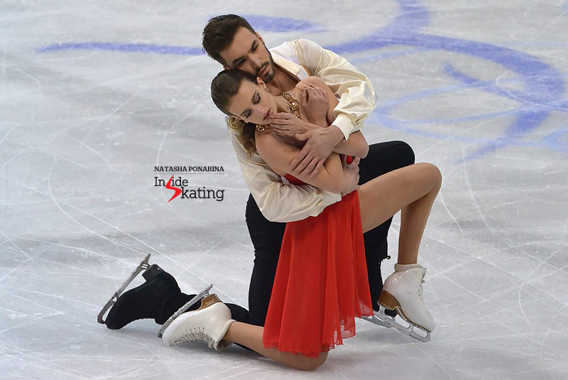 Sitting in second place at the end of the day were the 2015 European and World champions, Gabriella Papadakis and Guillaume Cizeron, with a completely different type of dance, to “Charms”, music from the movie “W.E.”, composed by Abel Korzeniowski. It was Waltz again, and March in their case – but no exuberance here: just a round, carefully built story, blending the softness with the tempest, the restlessness with the abandonment. A short dance like the life itself, scaled down to 2 minutes of 50 seconds. The judges awarded them 70.74 points. More photos of their short dance, here.