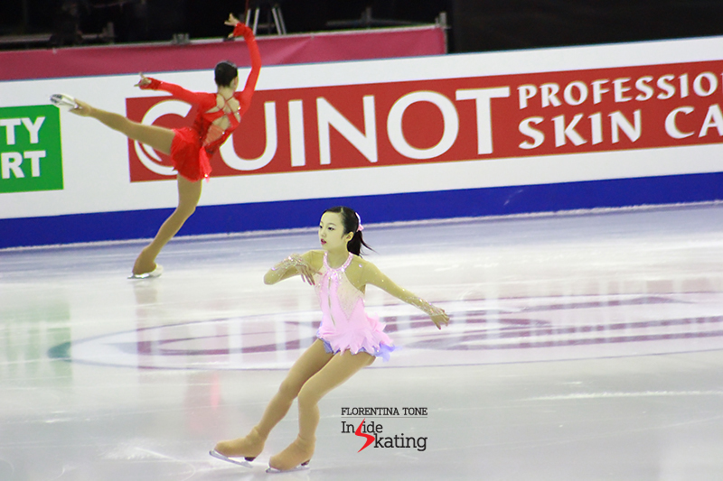 Japan’s Marin Honda (in the foreground) and Russia’s Polina Tsurkaya (in the background) during the 6-minute warm-up prior to the short program