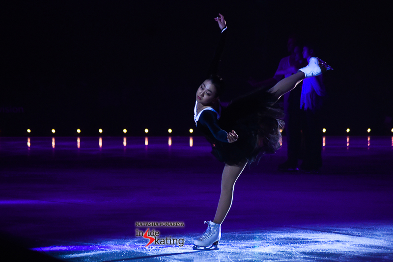 Mao Asada, the ballerina in black tutu, with white, scholarly collar, skating to Chopin’s Ballade no. 1. Throughout her skate, characters come and go, but Mao is always there, a permanent presence, telling the story, skating the story.
