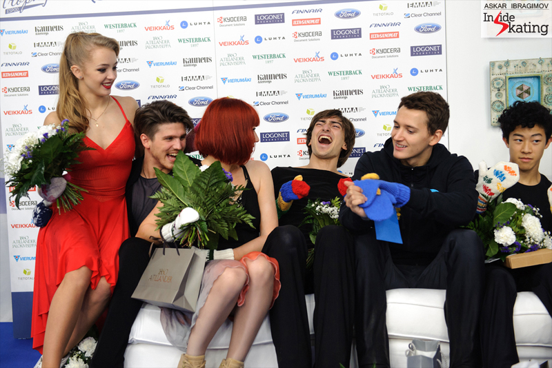 Fun, fun, fun in the Kiss and Cry at 2016 Finlandia Trophy in Espoo. From left to right: Alexandra Stepanova and Ivan Bukin (gold), Tiffany Zahorski and Jonathan Guerreiro (bronze – and Jonathan seems to have the time of his life), Maxim Kovtun (bronze) and Nathan Chen (gold)